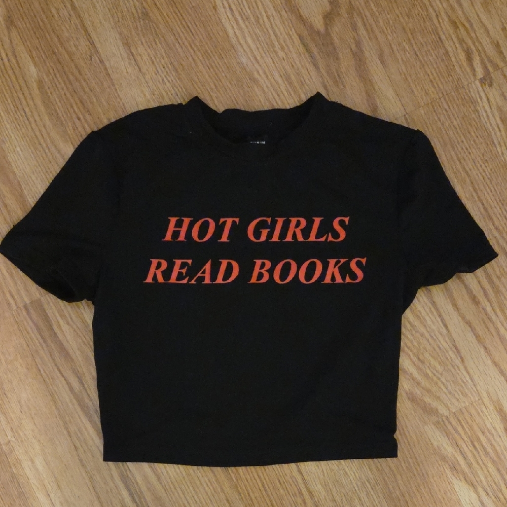 SHEIN Black Crop Top with Red Text